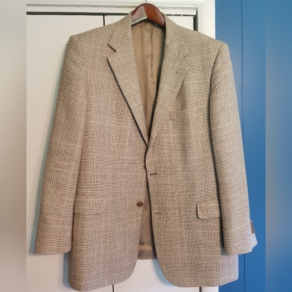 Brooks Brothers Tan/Beige Prince Of Wales Wool/Silk/Linen Sportcoat 3 Roll 2 44R